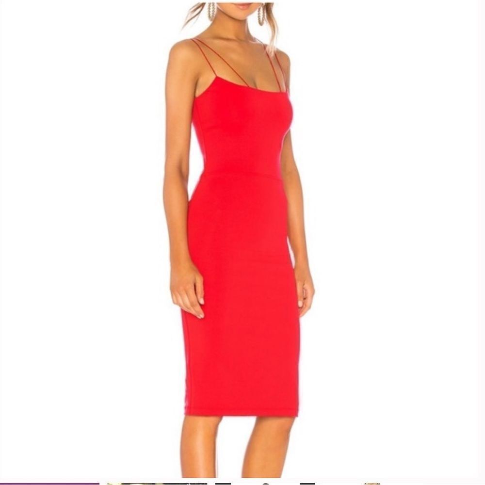 David Lerner Asymmetrical Strap stretch fitted red dress made in USA